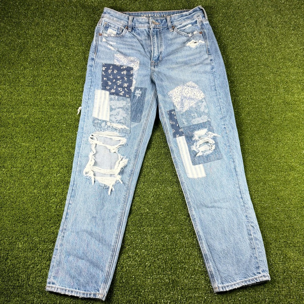 American Eagle Mom Jeans Light Wash Patchwork Distressed Floral Denim 0693